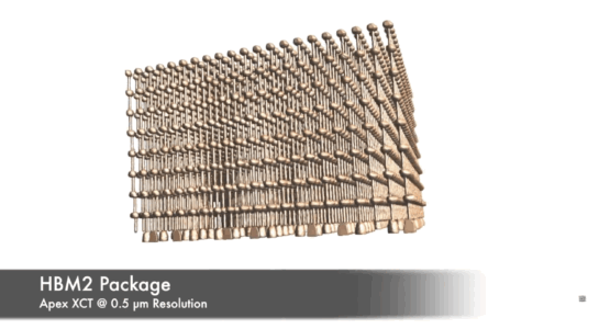 MI25 graphics accelerator board (HBM2 package) at 0.5 µm, imaged with Apex XCT MI25 graphics accelerator board (HBM2 package) at 0.5 µm, imaged with Apex XCT